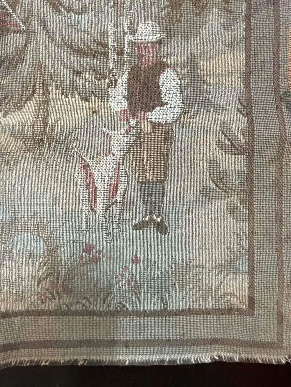 Vintage Gobelin Wall Hanging Tapestry Village Scene with Log Cabin, Dogs